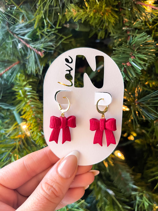Red Linen Holiday Bow Huggie Hoops