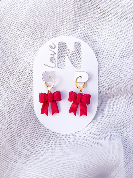 Red Linen Holiday Bow Huggie Hoops