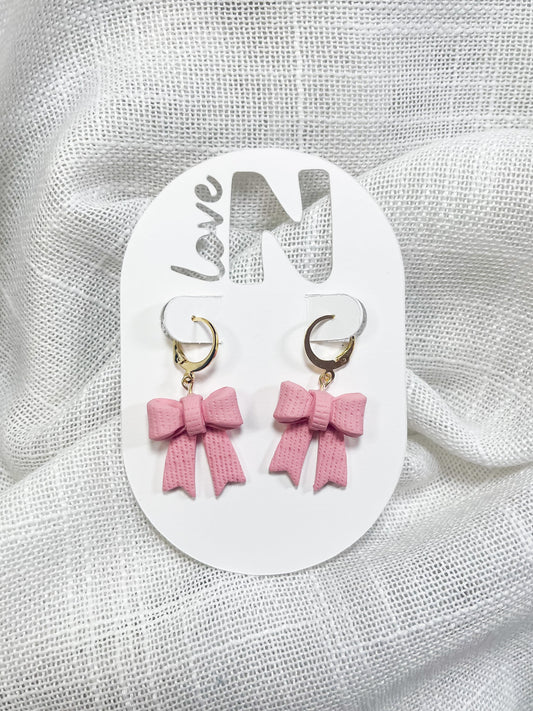 Pink Linen Holiday Bow Huggie Hoops